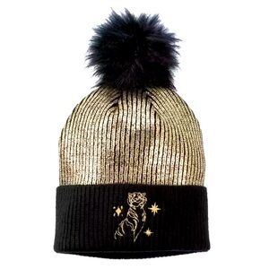 Disney Parks Aladdin Jasmine Rajah Gold Black Knit Beanie Winter Hat Pom Pom NWT